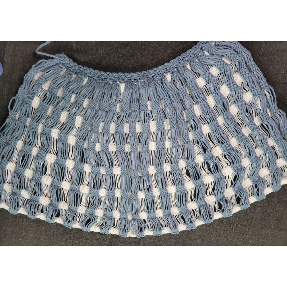 Vintage 70s Handmade Crochet Blue White Cape Capelet Knit Poncho Shawl - Picture 8 of 11
